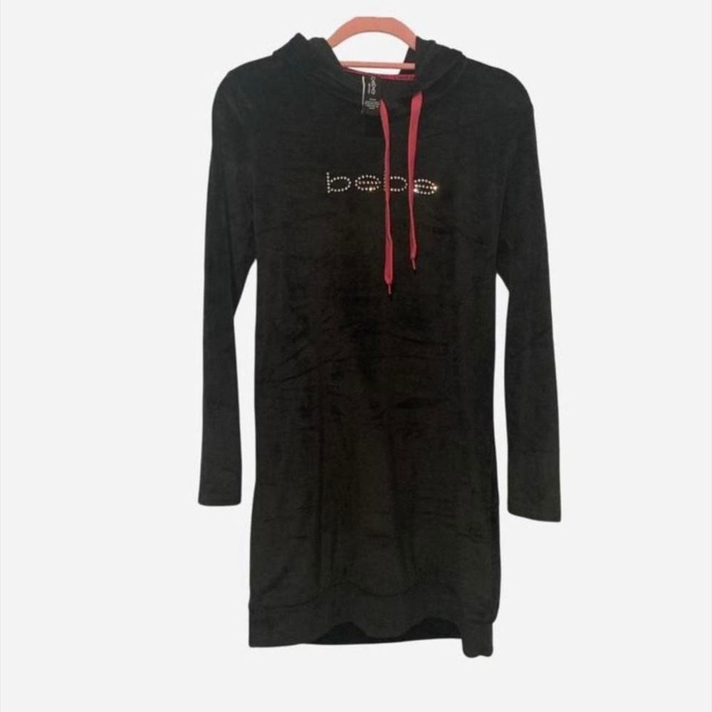 VTG Y2K Bebe Black Velour Hoodie sleepwear Rhinestone Logo Pink Drawstrings‎